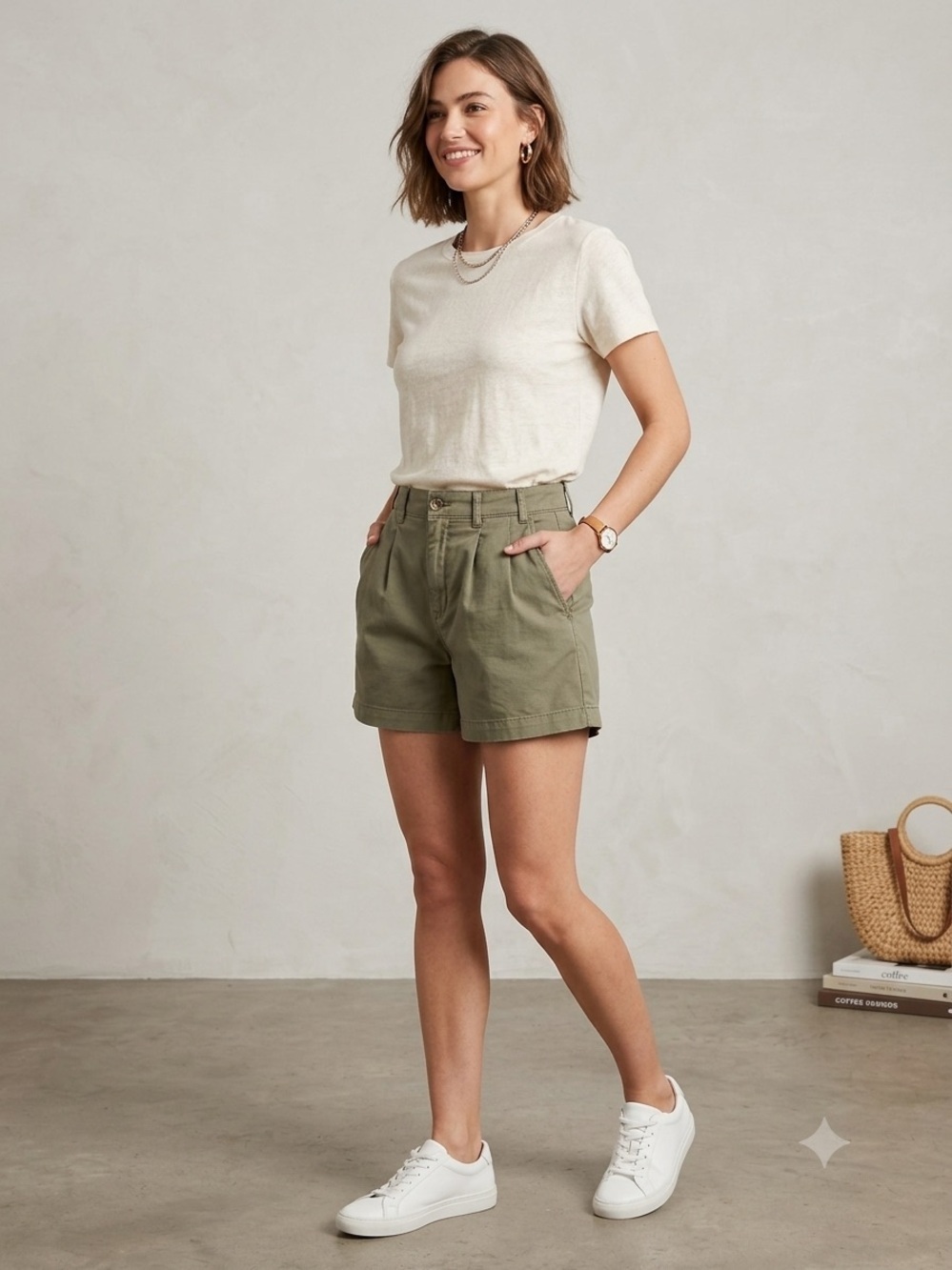 Free People High Rise Billie Pleated Chino Shorts Olive Green Boho Size 8